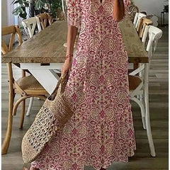 Beige Lana boho maxi dress by THE WHITMORE FAMILY, figure-flattering design, flowing fabric, and relaxed bohemian style.