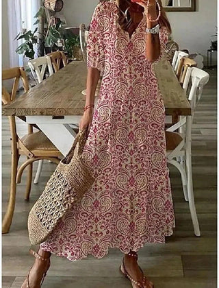Beige Lana boho maxi dress by THE WHITMORE FAMILY, figure-flattering design, flowing fabric, and relaxed bohemian style.