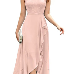 Blushing pink formal dress by THE WHITMORE FAMILY featuring an elegant lace bodice and flowing chiffon skirt.