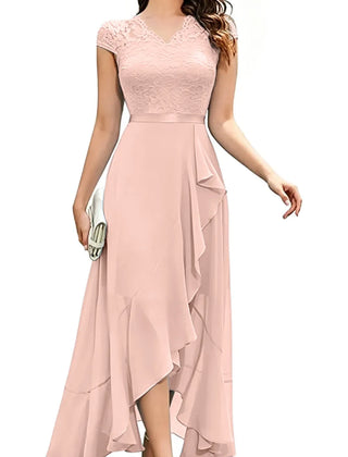 Blushing pink formal dress by THE WHITMORE FAMILY featuring an elegant lace bodice and flowing chiffon skirt.