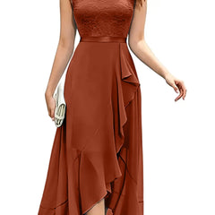 Blushing pink formal dress with elegant lace bodice and flowing chiffon skirt, designed by THE WHITMORE FAMILY.
