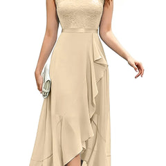 Blushing pink formal dress with elegant lace bodice and flowing chiffon skirt by THE WHITMORE FAMILY.