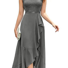 Blushing pink formal dress with elegant lace bodice and flowing chiffon skirt by THE WHITMORE FAMILY