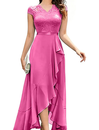 Blushing pink formal dress with elegant lace bodice and flowing chiffon skirt by THE WHITMORE FAMILY.