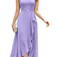 Blushing pink formal dress with elegant lace bodice and flowing chiffon skirt by THE WHITMORE FAMILY, suitable for special occasions.