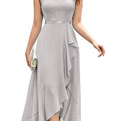 Blushing pink formal dress with elegant lace bodice and flowing chiffon skirt by THE WHITMORE FAMILY.