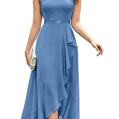 Blushing pink formal dress with elegant lace bodice and flowing chiffon skirt by THE WHITMORE FAMILY.