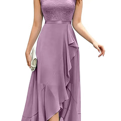 Blushing pink formal dress with elegant lace bodice and flowing chiffon skirt by THE WHITMORE FAMILY.