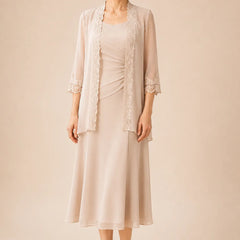 Mother of the bride champagne midi dress with lace jacket by THE WHITMORE FAMILY, elegant formal dress with lace detailing.