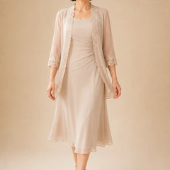 Mother of the bride champagne midi dress with lace jacket by THE WHITMORE FAMILY, elegant and stylish for special occasions.