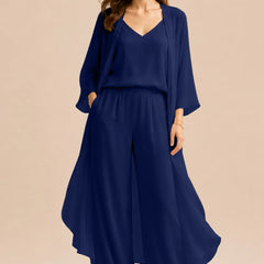 Refined camisole and chiffon jacket pant dress by THE WHITMORE FAMILY, champagne-colored ensemble with elegant fabric details.