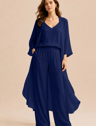 Refined camisole and chiffon jacket pant dress by THE WHITMORE FAMILY, champagne-colored ensemble with elegant fabric details.