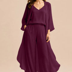Refined camisole and chiffon jacket pant set dress by THE WHITMORE FAMILY, in champagne color, displayed on a dress form.