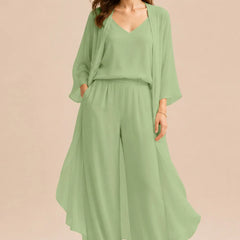 Elegant champagne-colored dress set with a refined camisole, chiffon jacket, and matching pants by THE WHITMORE FAMILY.