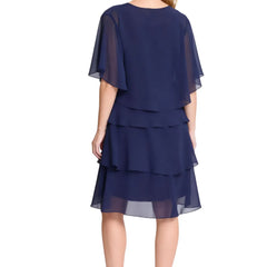 Dark navy chic tiered chiffon dress with sheer sleeves by THE WHITMORE FAMILY, elegant and flowing with delicate details.