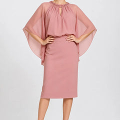 Dark navy elegant formal dress with cape sleeves by THE WHITMORE FAMILY, featuring a flowing design and sophisticated style.
