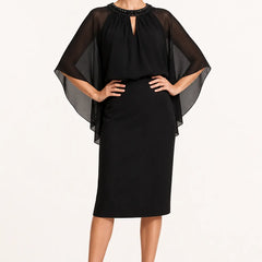 Dark navy elegant formal dress with cape sleeves by THE WHITMORE FAMILY, showcasing a sophisticated evening wear style.