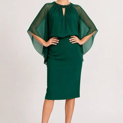Dark navy elegant formal dress by THE WHITMORE FAMILY featuring cape sleeves, perfect for special occasions and evening events.