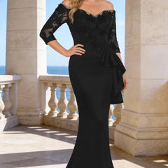 Dark navy floor-length lace sleeve formal dress by THE WHITMORE FAMILY, elegant evening gown with intricate lace details