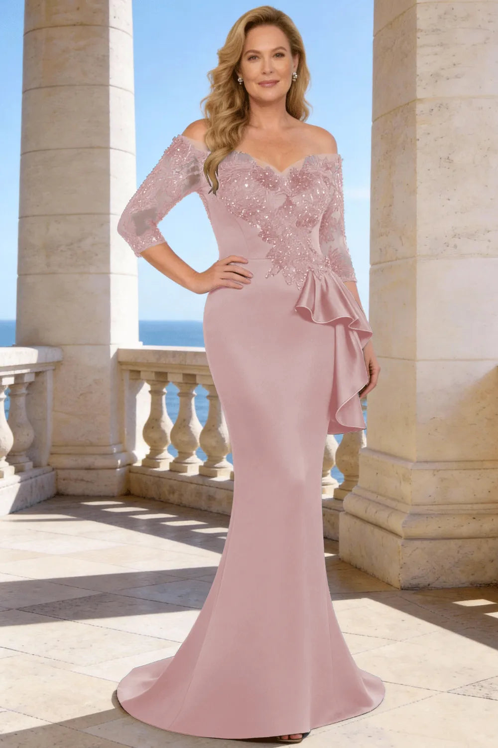 Dark navy elegant floor-length lace sleeve formal dress by THE WHITMORE FAMILY, showcasing intricate lace details and flowing silhouette.