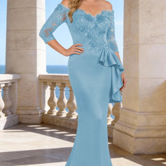 Dark navy elegant floor-length lace sleeve formal dress by THE WHITMORE FAMILY displayed on a model.