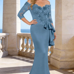 Dark navy elegant floor-length lace sleeve formal dress by THE WHITMORE FAMILY, shown on a mannequin.