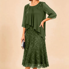Dark navy lace overlay chiffon dress by THE WHITMORE FAMILY, elegant mother of the bride dress with intricate lace details.