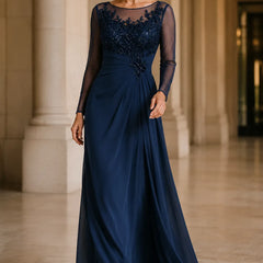 Dark navy sheer lace bodice A-line evening dress by THE WHITMORE FAMILY, featuring elegant lace detail and flowing skirt.
