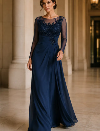 Dark navy sheer lace bodice A-line evening dress by THE WHITMORE FAMILY, featuring elegant lace detail and flowing skirt.