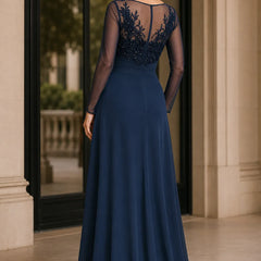 Dark navy sheer lace bodice A-line evening dress by THE WHITMORE FAMILY, shown from the back with elegant detailing.