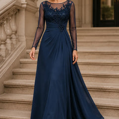 Dark navy sheer lace bodice A-line evening dress by THE WHITMORE FAMILY, featuring intricate lace details and elegant silhouette.