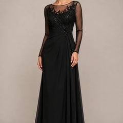 Sheer lace bodice A-line evening dress by THE WHITMORE FAMILY, featuring elegant black fabric and formal design.