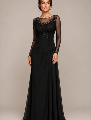 Sheer lace bodice A-line evening dress by THE WHITMORE FAMILY, featuring elegant black fabric and formal design.