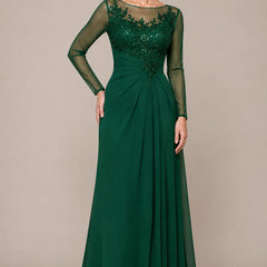 Sheer lace bodice A-line evening dress by THE WHITMORE FAMILY, emerald green with elegant lace detailing and flowing skirt.