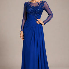 Royal blue sheer lace bodice A-line evening dress with elegant details, designed for formal occasions and special events.
