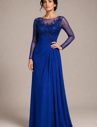 Royal blue sheer lace bodice A-line evening dress with elegant details, designed for formal occasions and special events.