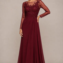 Wine red sheer lace bodice A-line evening dress by THE WHITMORE FAMILY, featuring elegant lace details and a flowing silhouette.