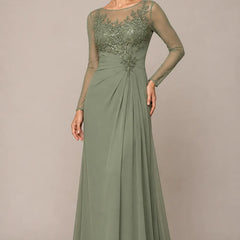 Sheer lace bodice A-line evening dress by THE WHITMORE FAMILY, dusty sage color, elegant flowy silhouette, perfect for formal occasions.