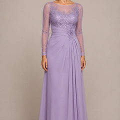 Sheer lace bodice A-line evening dress in lilac by THE WHITMORE FAMILY, featuring elegant lace details and flowing skirt.