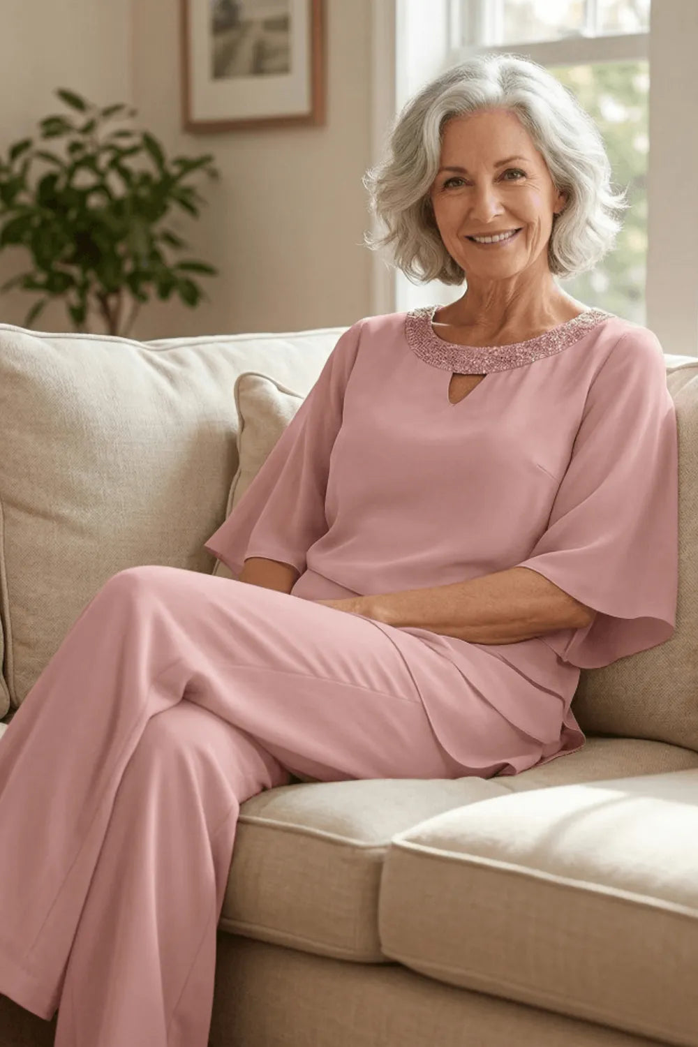 Blush pink loose-fit formal pant dress set by THE WHITMORE FAMILY, featuring elegant tailored trousers and a matching top.