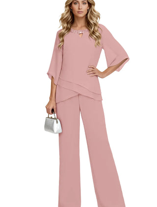 Pink loose-fit formal pant dress set by THE WHITMORE FAMILY featuring a chiffon fabric and elegant tailored design.