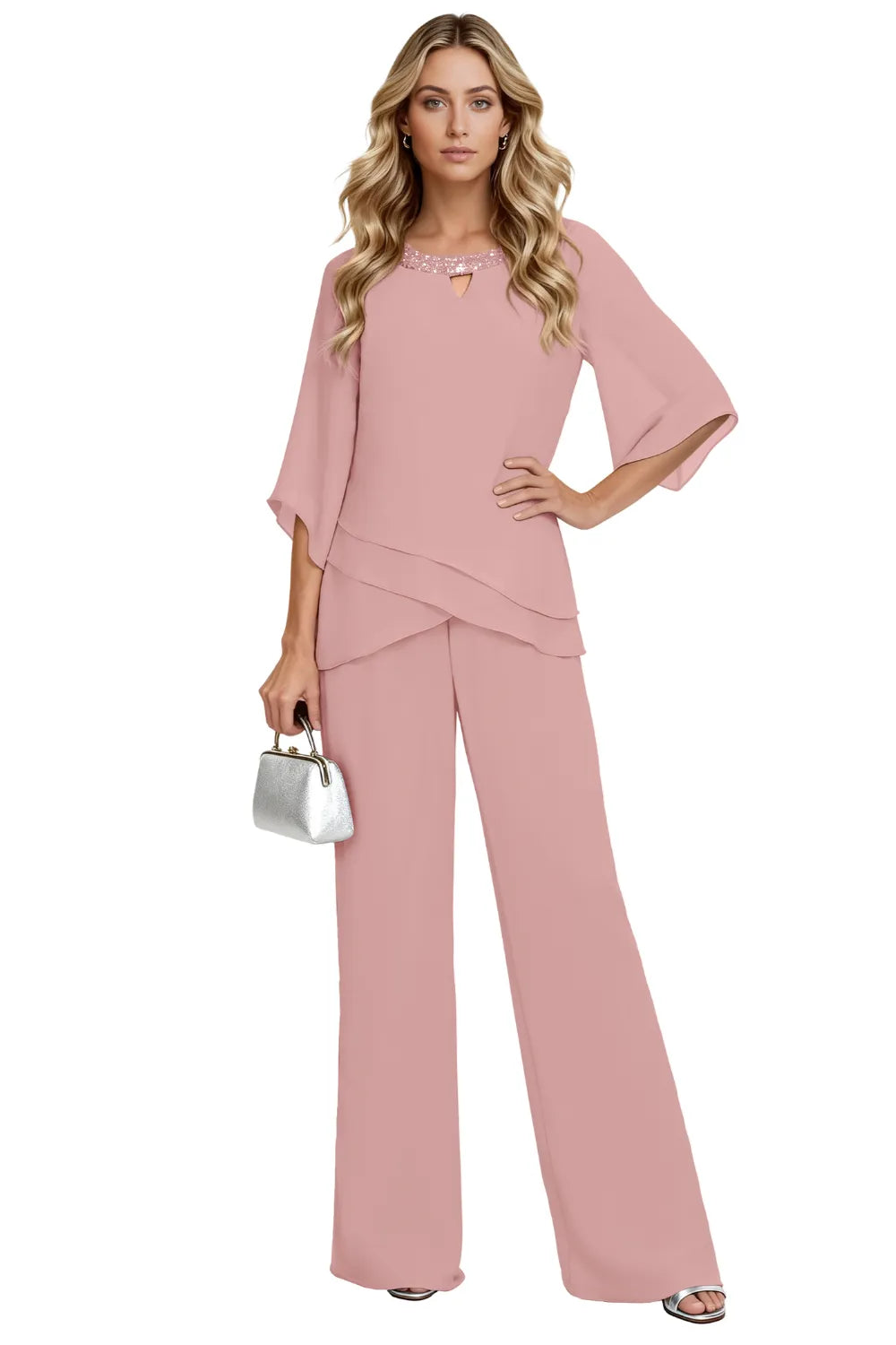 Pink loose-fit formal pant dress set by THE WHITMORE FAMILY featuring a chiffon fabric and elegant tailored design.