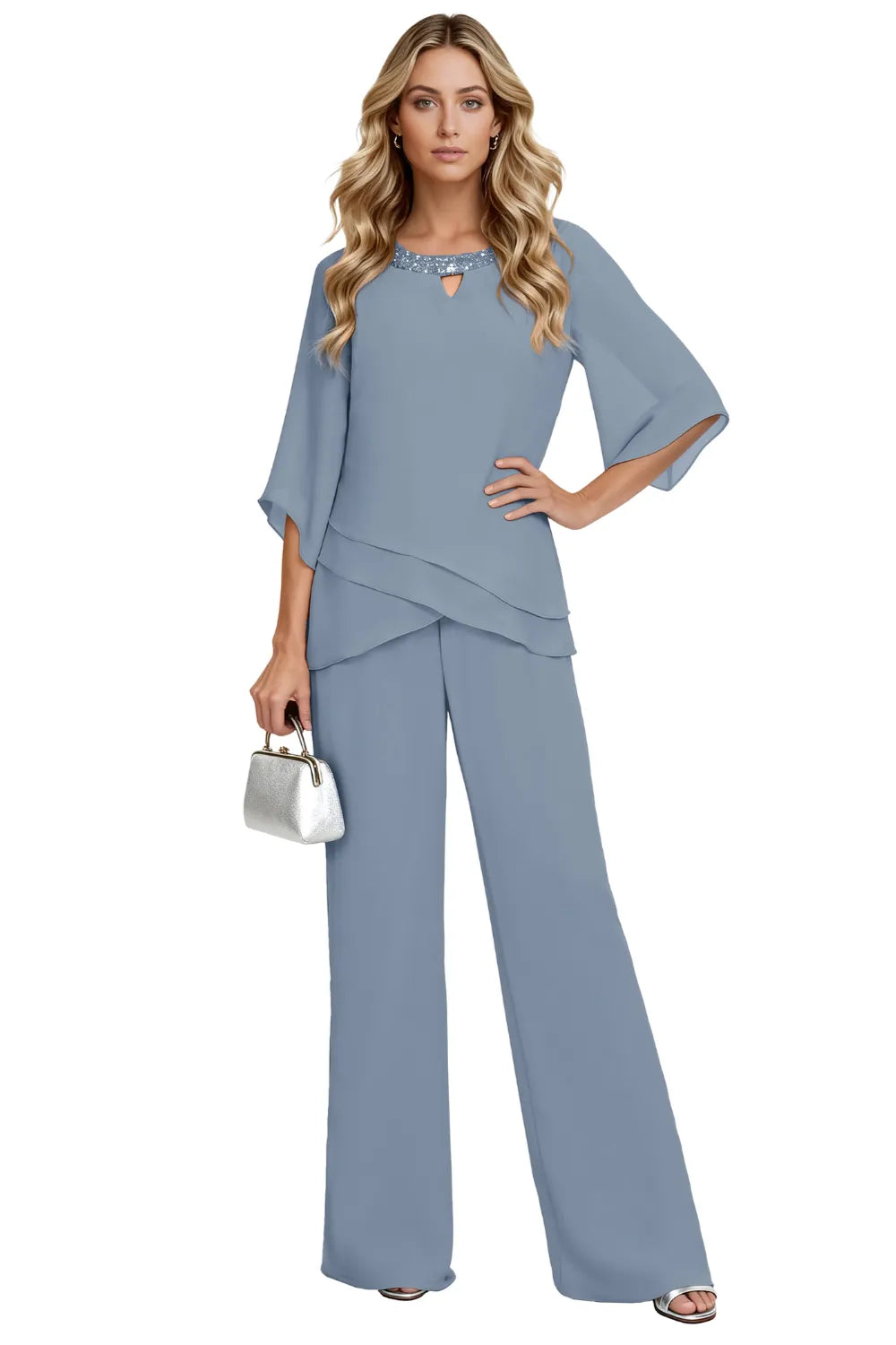 Sophisticated loose-fit formal pant set dress by THE WHITMORE FAMILY in dusty blue, featuring elegant chiffon fabric and tailored design.