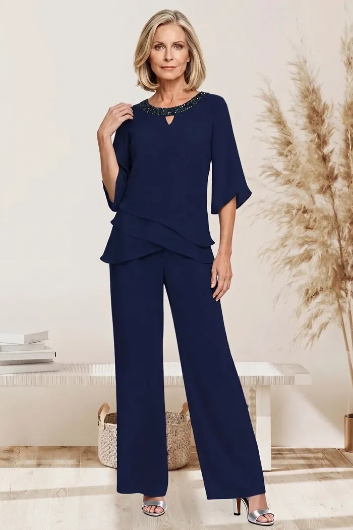 Sophisticated loose-fit formal pant dress set by THE WHITMORE FAMILY, featuring a stylish front view of the mother-of-the-bride pant suit.