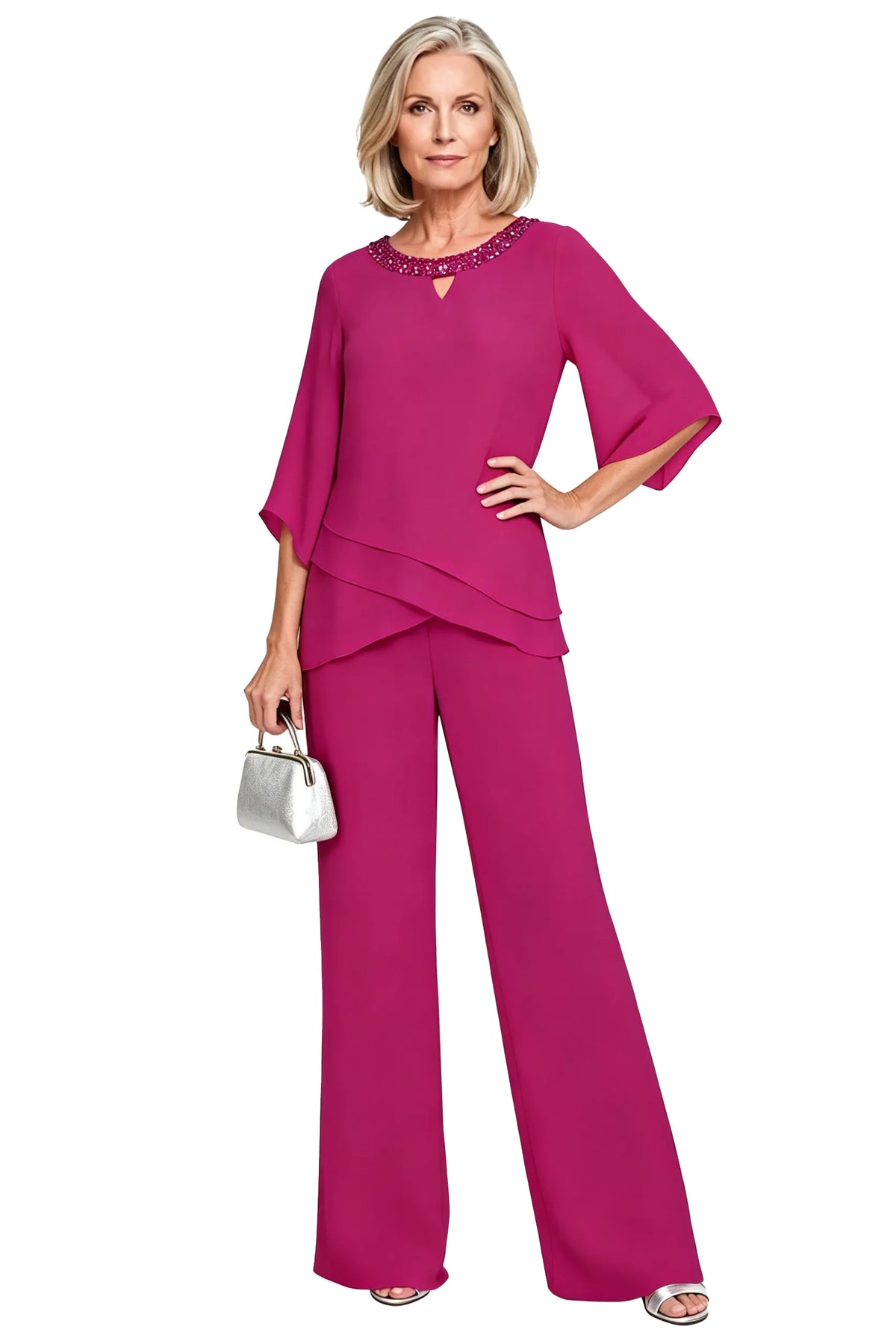 Fuchsia loose-fit formal pant set dress by THE WHITMORE FAMILY, featuring elegant tailoring and sophisticated style.