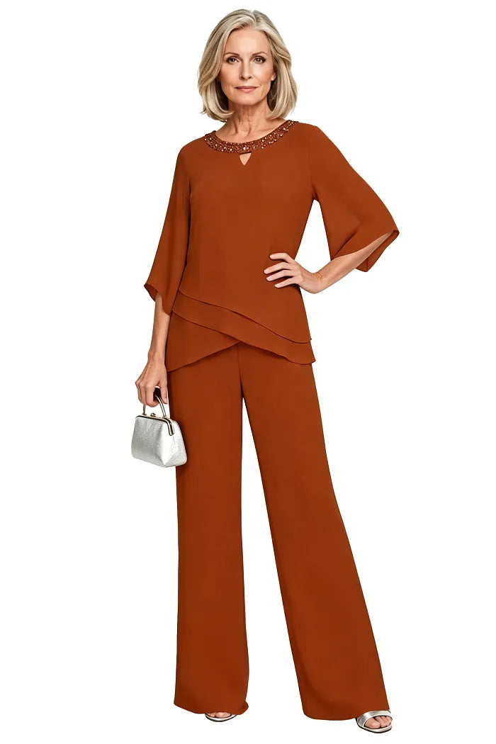 Sophisticated loose-fit formal pant set by THE WHITMORE FAMILY, stylish brown dress perfect for mother of the bride.
