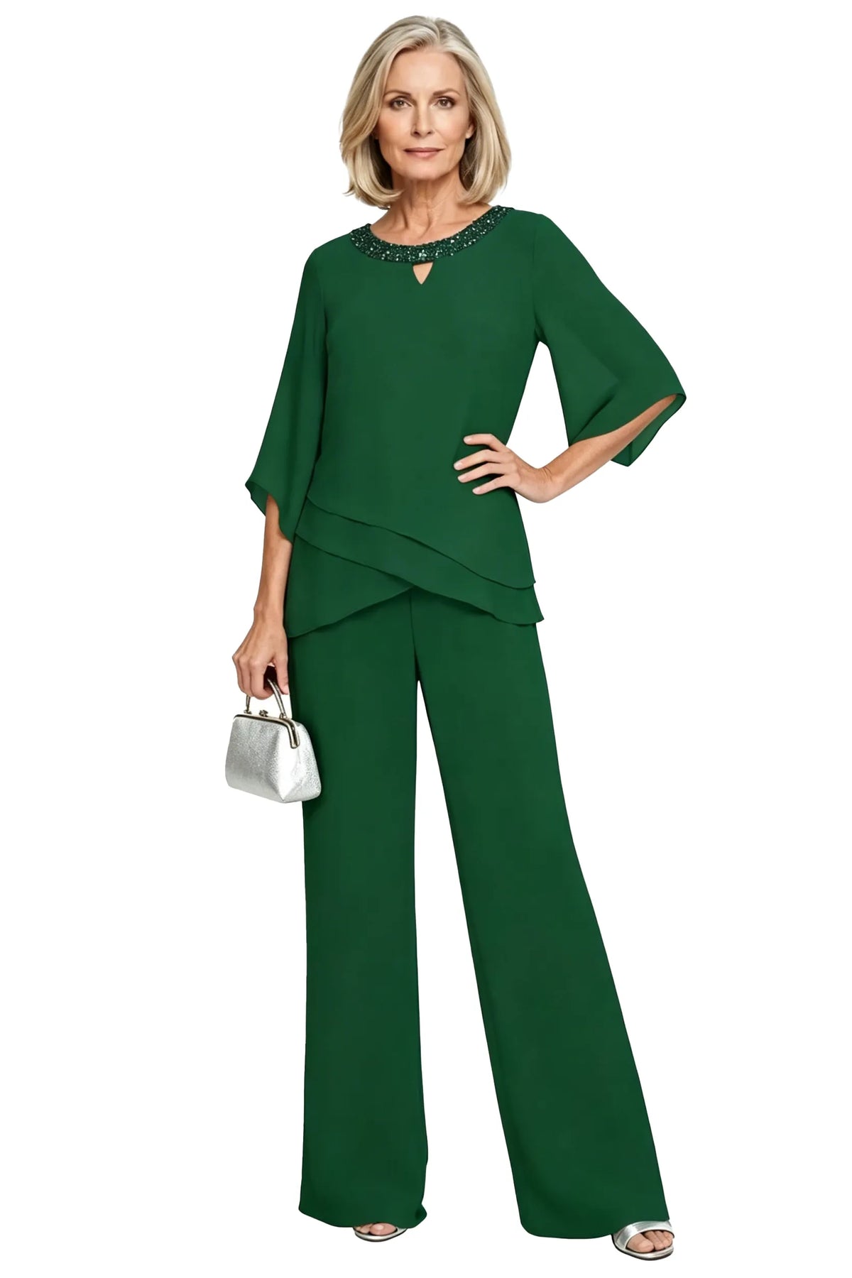 Sophisticated loose-fit formal pant set from THE WHITMORE FAMILY, green dress with tailored pant suit for special occasions