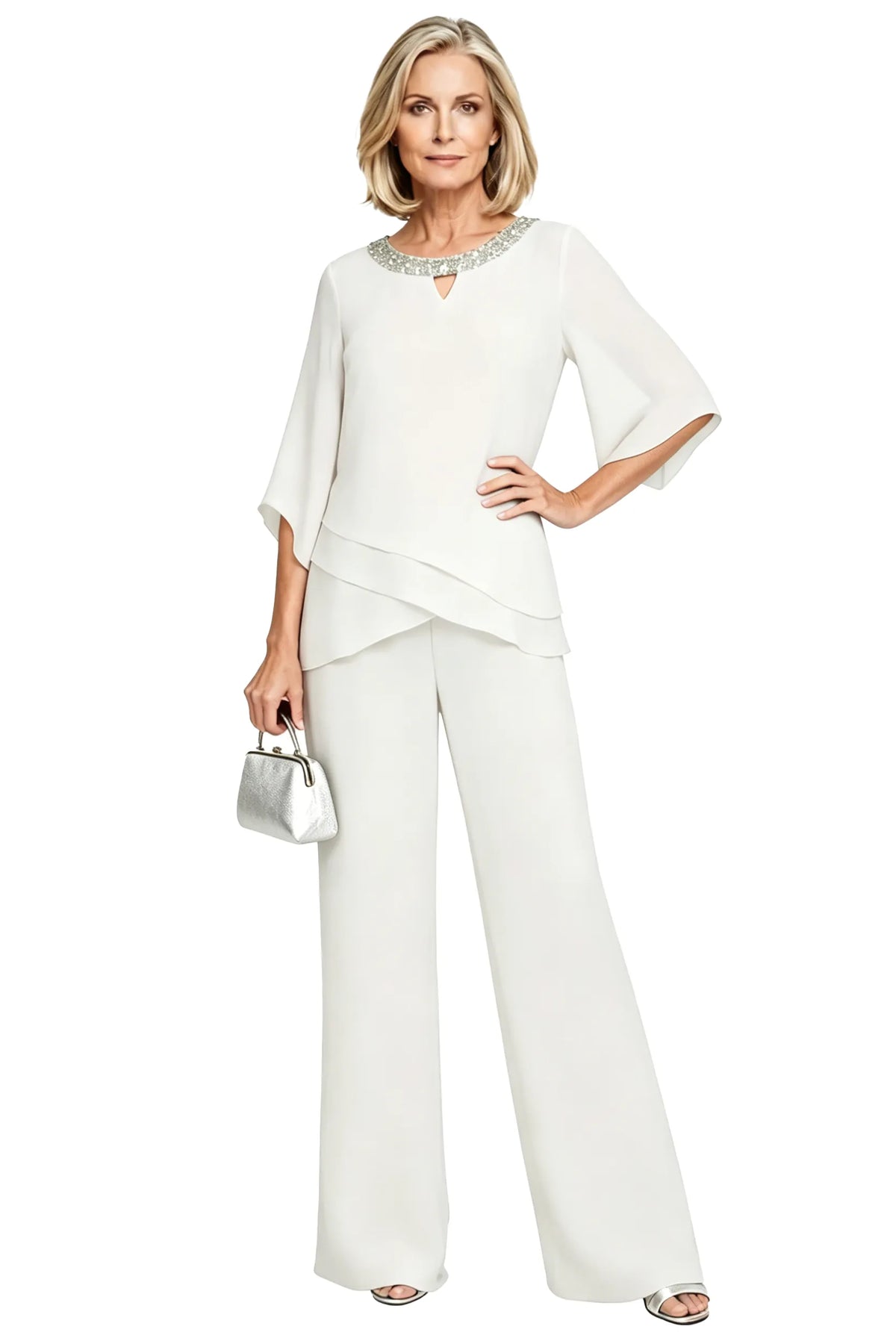 Sophisticated loose-fit ivory formal pant set by THE WHITMORE FAMILY, featuring a stylish dress and matching tailored pants.