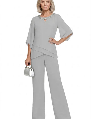Sophisticated loose-fit formal pant set dress by THE WHITMORE FAMILY, featuring a silver, elegant Mother of the Bride pant suit.