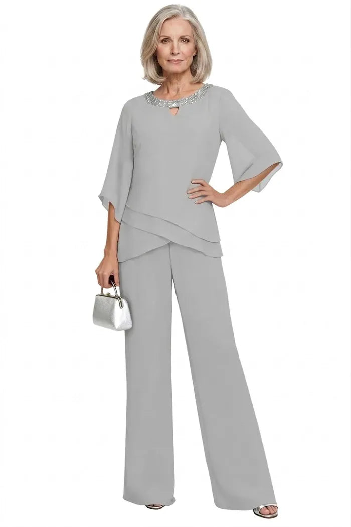 Sophisticated loose-fit formal pant set dress by THE WHITMORE FAMILY, featuring a silver, elegant Mother of the Bride pant suit.
